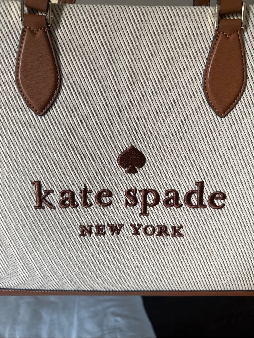 kate spade Cream Canvas Tote with Brown Leather Trim and Logo